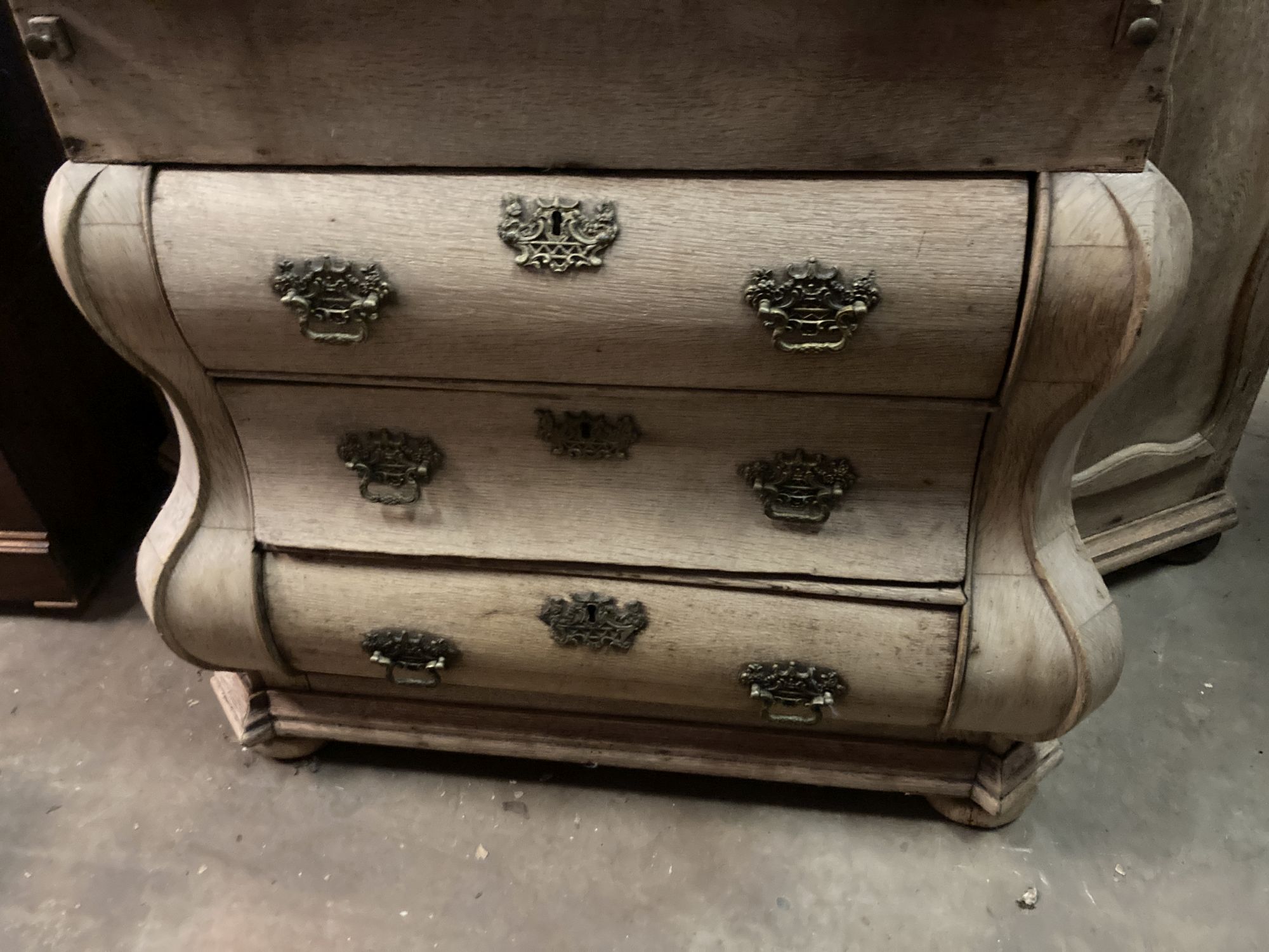 A mid 18th century Dutch bleached oak bureau cabinet, length 155cm, depth 56cm, height 216cm